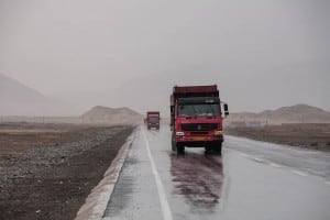 trucks in the rain