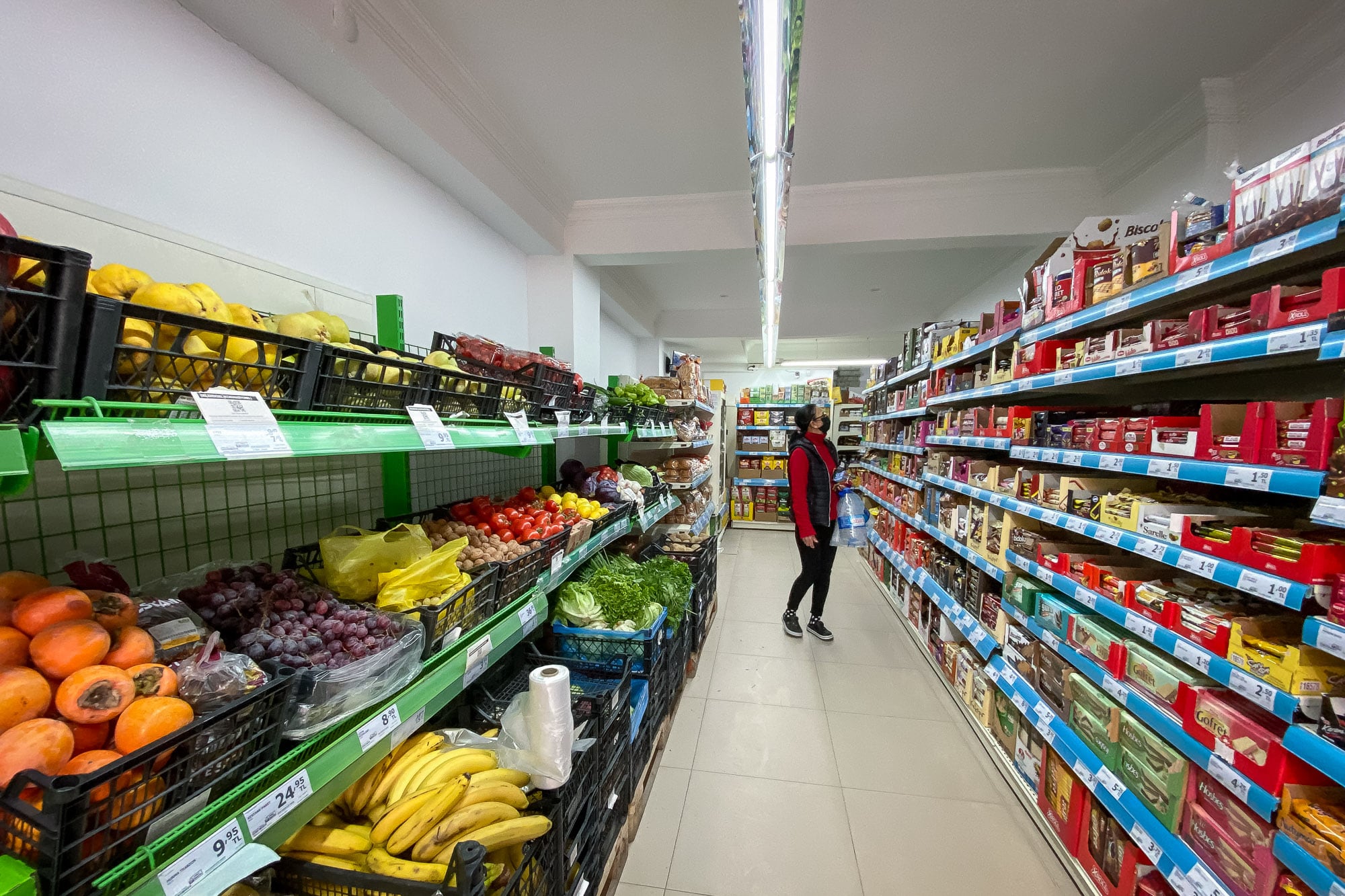 Fruits, vegetables, and candy in an A101 supermarket