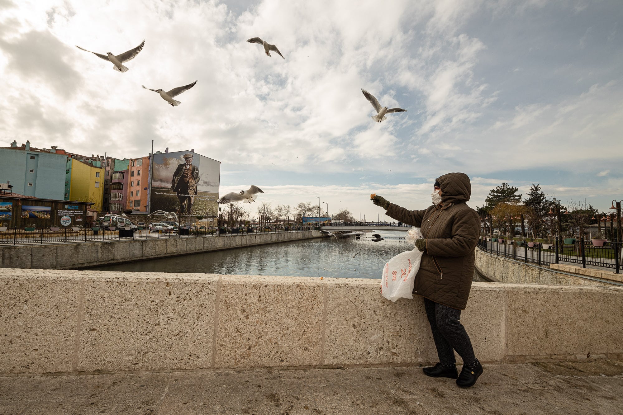 lady feeding seagulls in Silivri