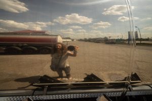 mirrored in a truck