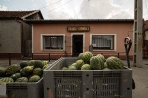 watermelons in front of a Hungarian village shop