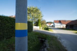 Ukrainian colors on a lamp post in a Bavarian village